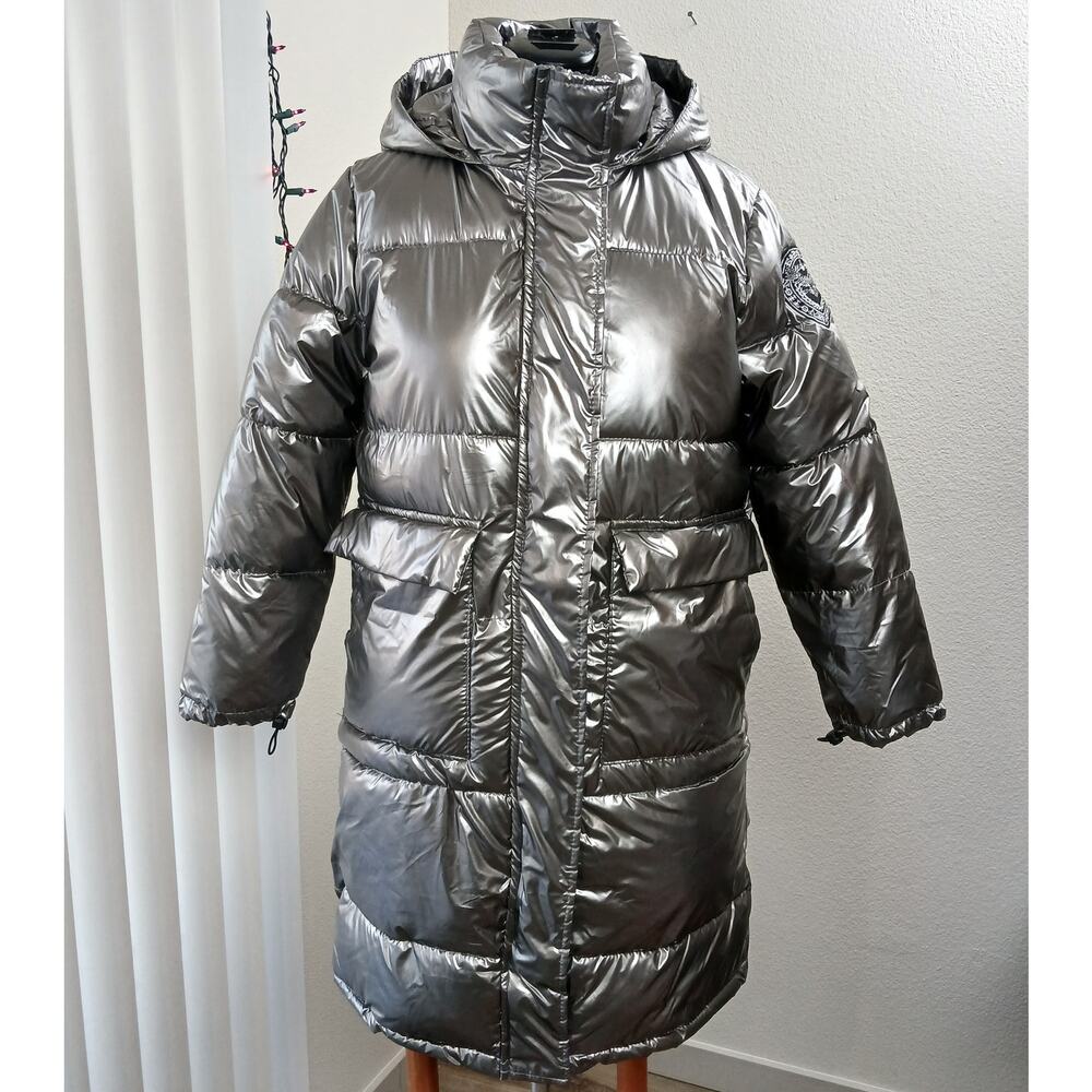 Metallic Silver Hooded Puffer Coat Large warm winter maximalism long line jacket - Picture 5 of 13
